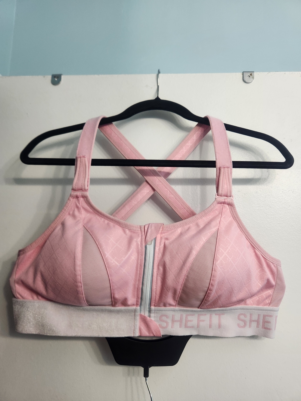 SHEFIT Pink Front-Zip High-Support Sports Bra with Crossback Straps Size: LUXE